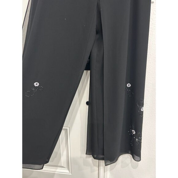 Adrianna Papell Sz 10 Black Wide Leg Pants Floral Beaded Embellished Cocktail - Picture 5 of 11